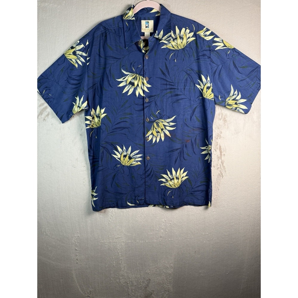 Kahala Men's Hawaiian Shirt Navy Beige Vacation Summer Size L